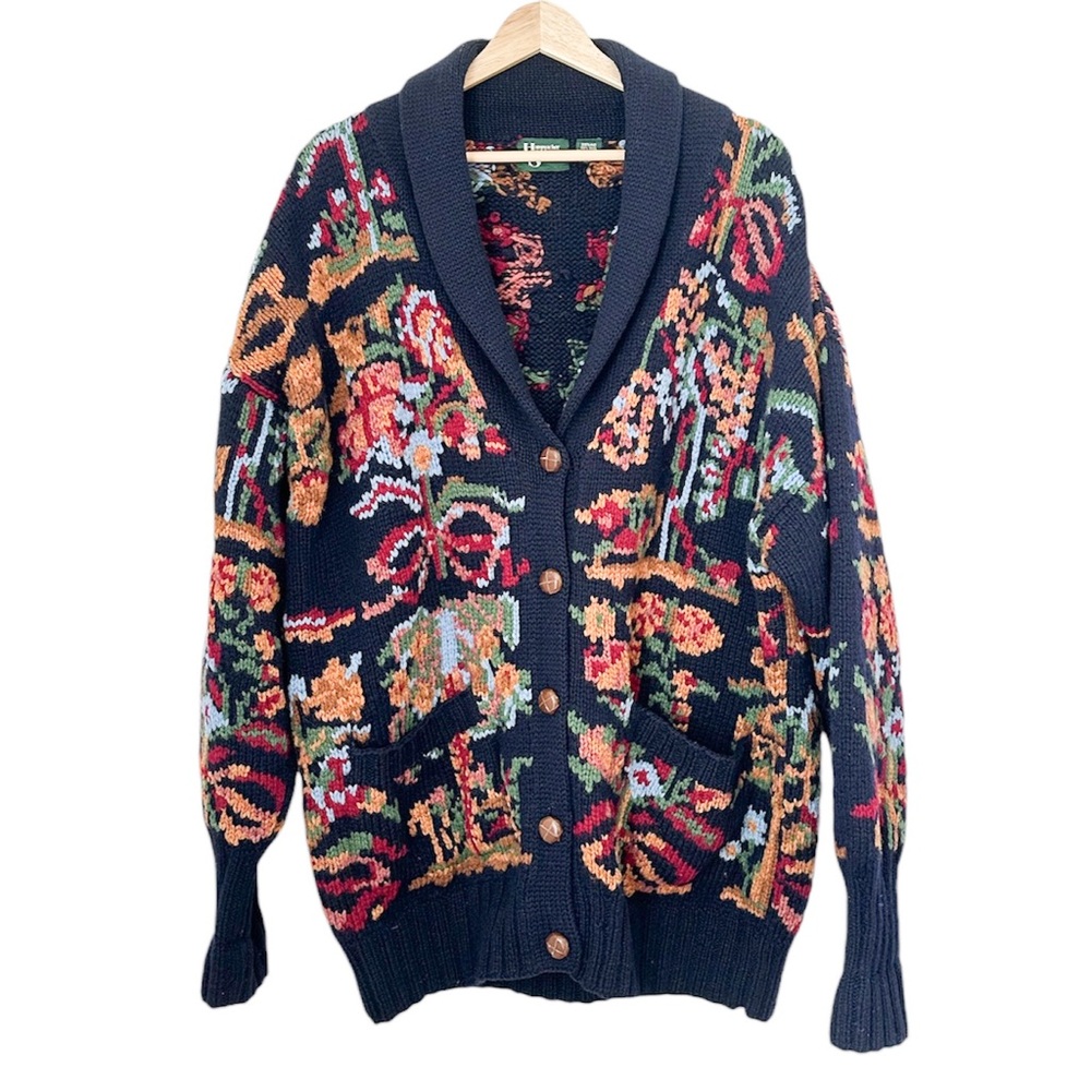 VTG Hammacher Schlemmer Shetland Wool Patterned Navy Cardigan Vintage — One Size